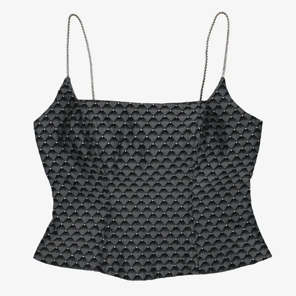 Y2K Black Diamond Corset Top Chain Strap Rhinestone Cami Small